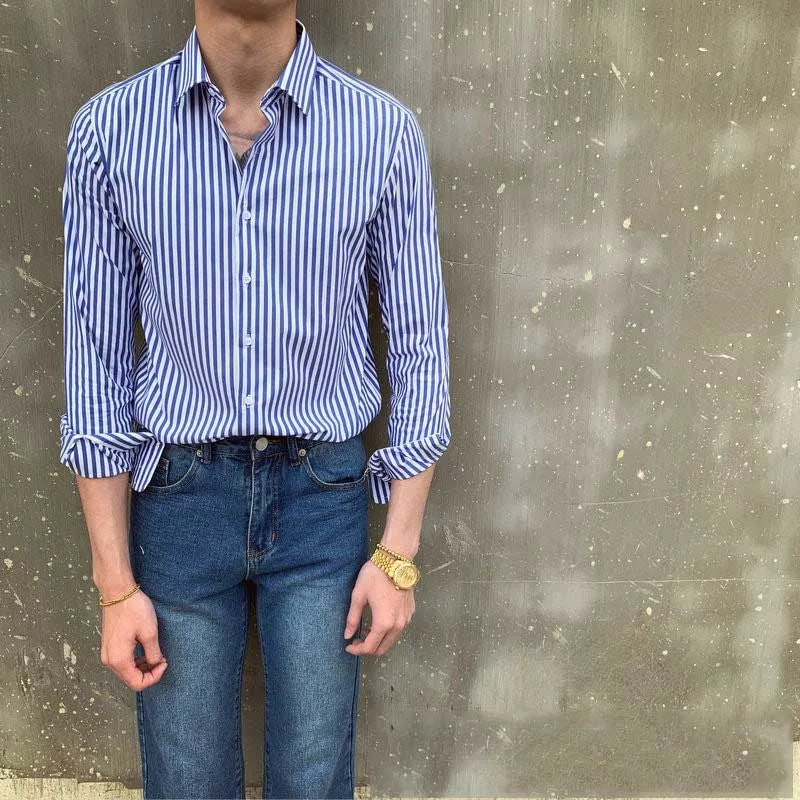 Men's Business Retro Slim Striped Long Sleeve Lapel Shirt