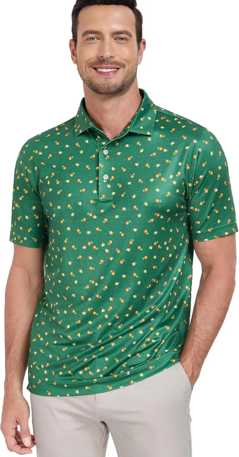 Mens Golf Shirts Short Sleeve Print Dry Fit Moisture Wicking Performance Polo Shirt