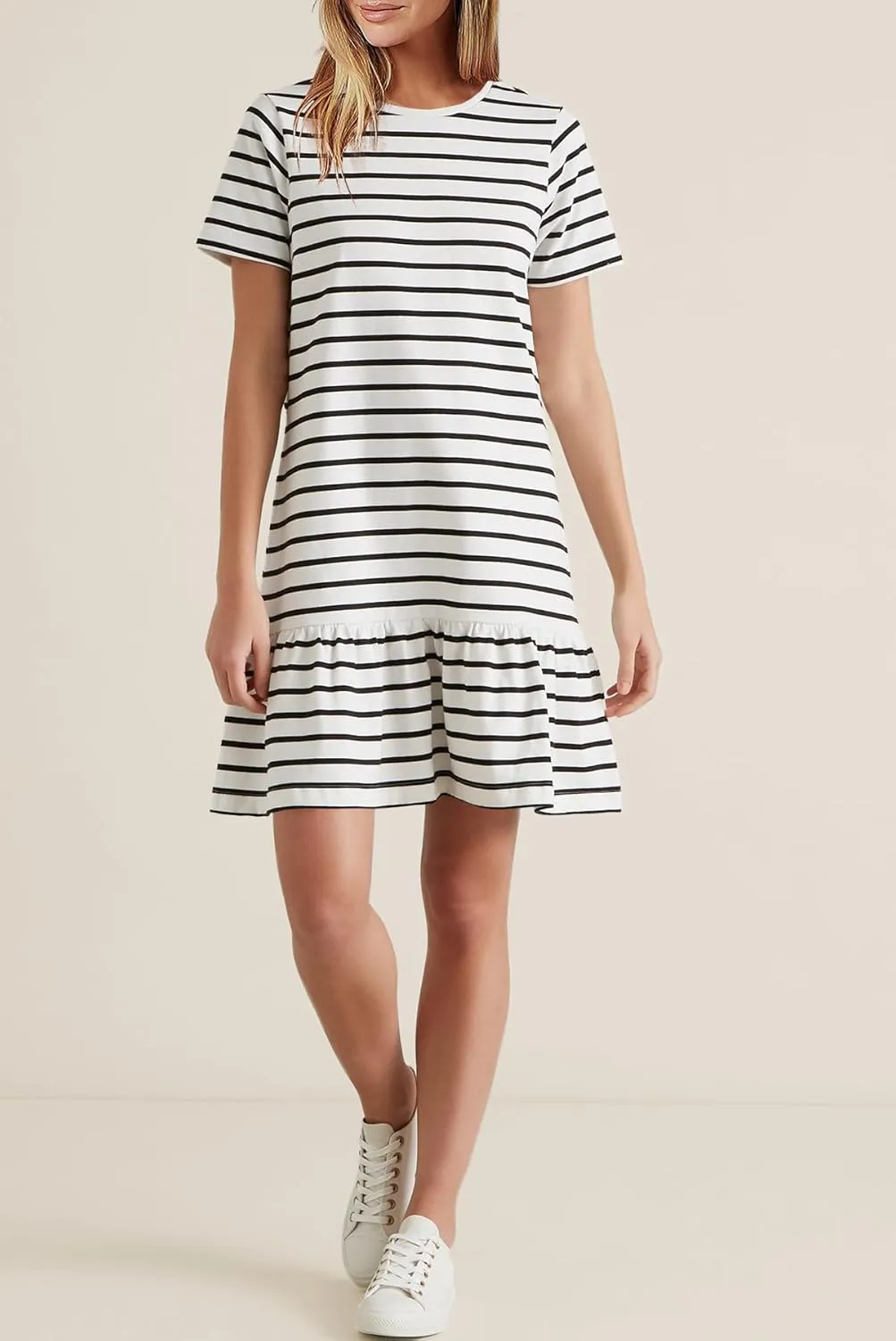 MITILLY Women's Casual Summer T Shirt Dress 2025 Striped Loose Short Sleeve Tunic Dress with Pockets
