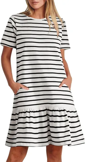 MITILLY Women's Casual Summer T Shirt Dress 2025 Striped Loose Short Sleeve Tunic Dress with Pockets