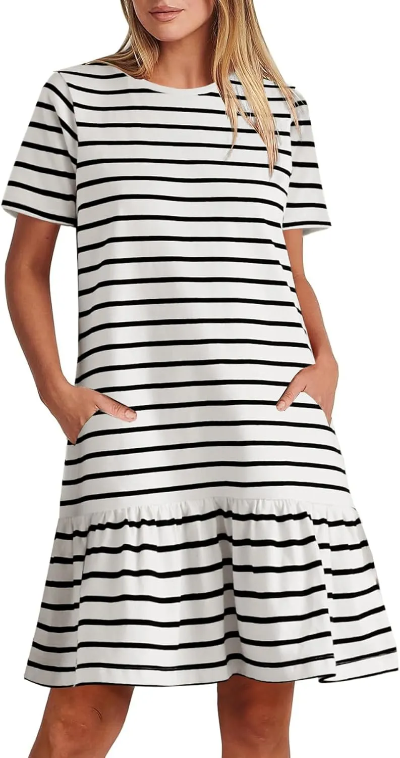 MITILLY Women's Casual Summer T Shirt Dress 2025 Striped Loose Short Sleeve Tunic Dress with Pockets