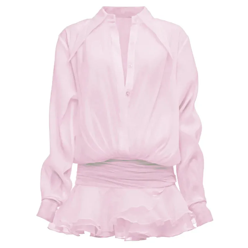 New White Chiffon Dress For Women Casual Ruffled Pleated Mini Dress See-through Loose Oversized Shirt Dress Cover-Up