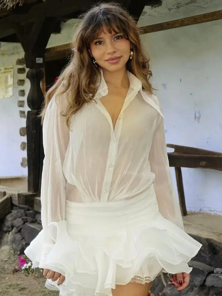New White Chiffon Dress For Women Casual Ruffled Pleated Mini Dress See-through Loose Oversized Shirt Dress Cover-Up