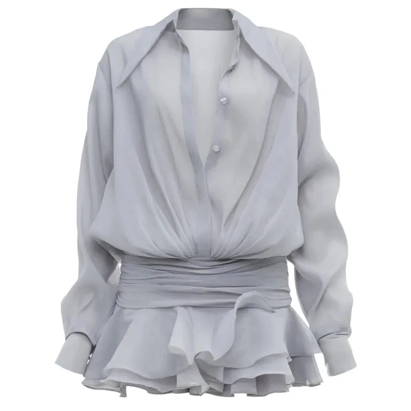New White Chiffon Dress For Women Casual Ruffled Pleated Mini Dress See-through Loose Oversized Shirt Dress Cover-Up