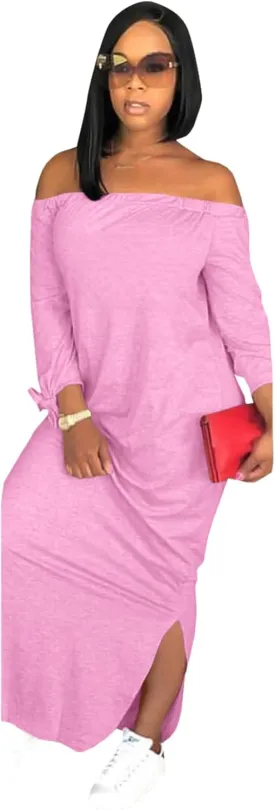 OLUOLIN Women's Casual Letter Print Off Shoulder Long Sleeve Bowknot Sides Slit Loose Long T-Shirt Maxi Dress