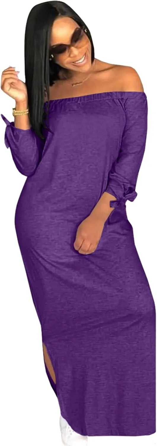OLUOLIN Women's Casual Letter Print Off Shoulder Long Sleeve Bowknot Sides Slit Loose Long T-Shirt Maxi Dress