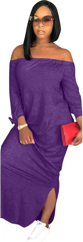 OLUOLIN Women's Casual Letter Print Off Shoulder Long Sleeve Bowknot Sides Slit Loose Long T-Shirt Maxi Dress
