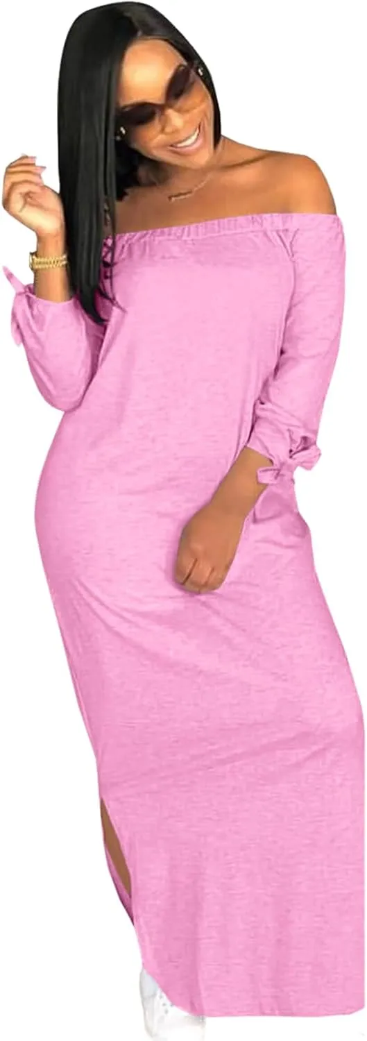 OLUOLIN Women's Casual Letter Print Off Shoulder Long Sleeve Bowknot Sides Slit Loose Long T-Shirt Maxi Dress