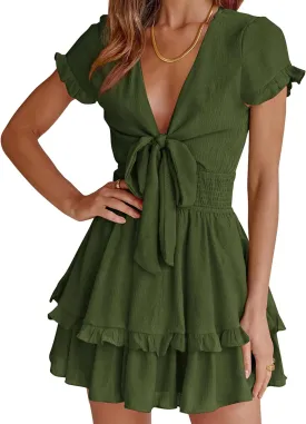 PRETTYGARDEN Women Summer Mini Short Dress 2025 Short Sleeve Casual Beach Vacation Sundress V Neck Tiered Sun Dresses