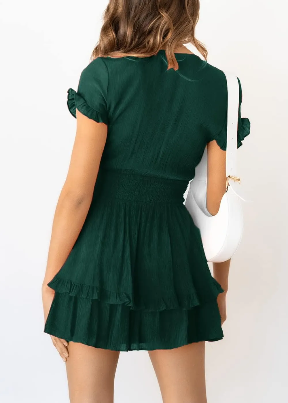 PRETTYGARDEN Women Summer Mini Short Dress 2025 Short Sleeve Casual Beach Vacation Sundress V Neck Tiered Sun Dresses