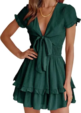 PRETTYGARDEN Women Summer Mini Short Dress 2025 Short Sleeve Casual Beach Vacation Sundress V Neck Tiered Sun Dresses