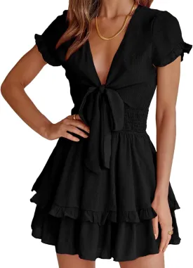 PRETTYGARDEN Women Summer Mini Short Dress 2025 Short Sleeve Casual Beach Vacation Sundress V Neck Tiered Sun Dresses