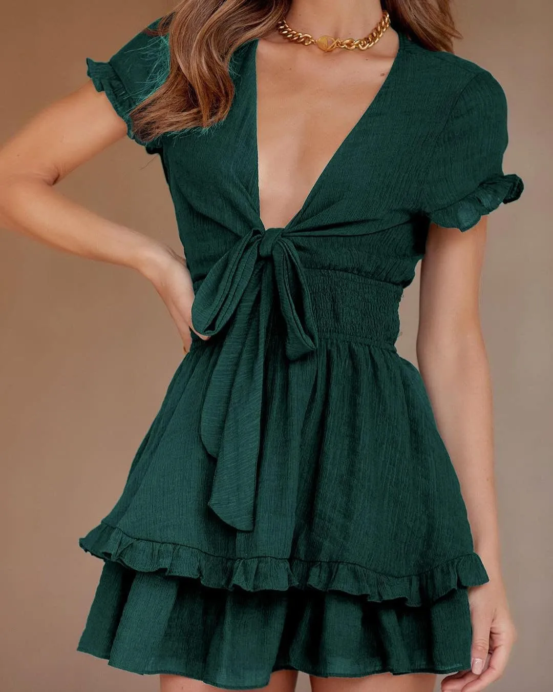PRETTYGARDEN Women Summer Mini Short Dress 2025 Short Sleeve Casual Beach Vacation Sundress V Neck Tiered Sun Dresses