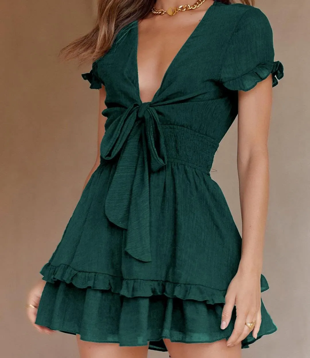 PRETTYGARDEN Women Summer Mini Short Dress 2025 Short Sleeve Casual Beach Vacation Sundress V Neck Tiered Sun Dresses