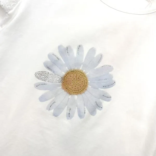Rhinstone Floral Lace Sleeves White Tee