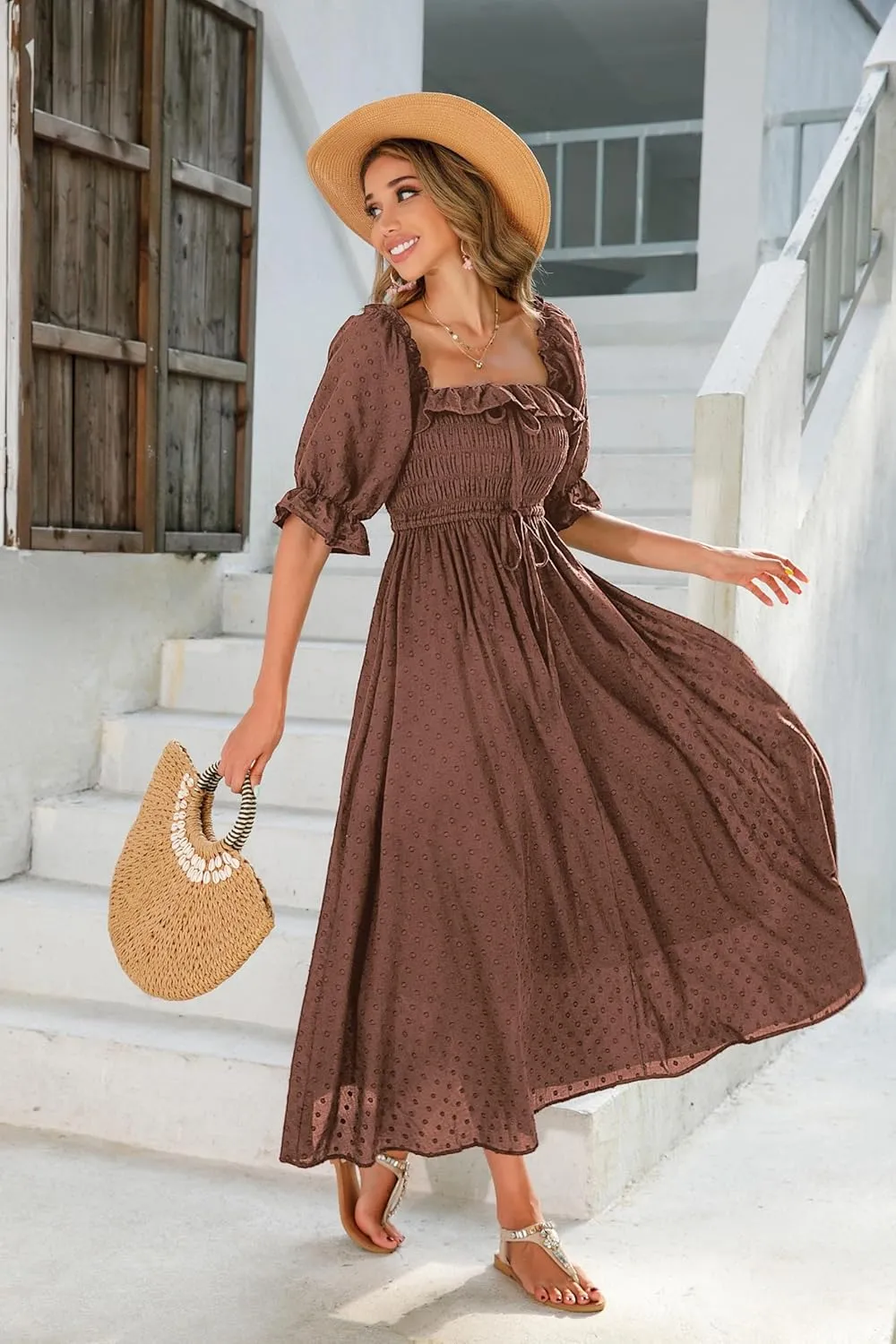 R.Vivimos Women Summer Half Sleeve Cotton Ruffled Vintage Elegant Backless A Line Flowy Long Dresses
