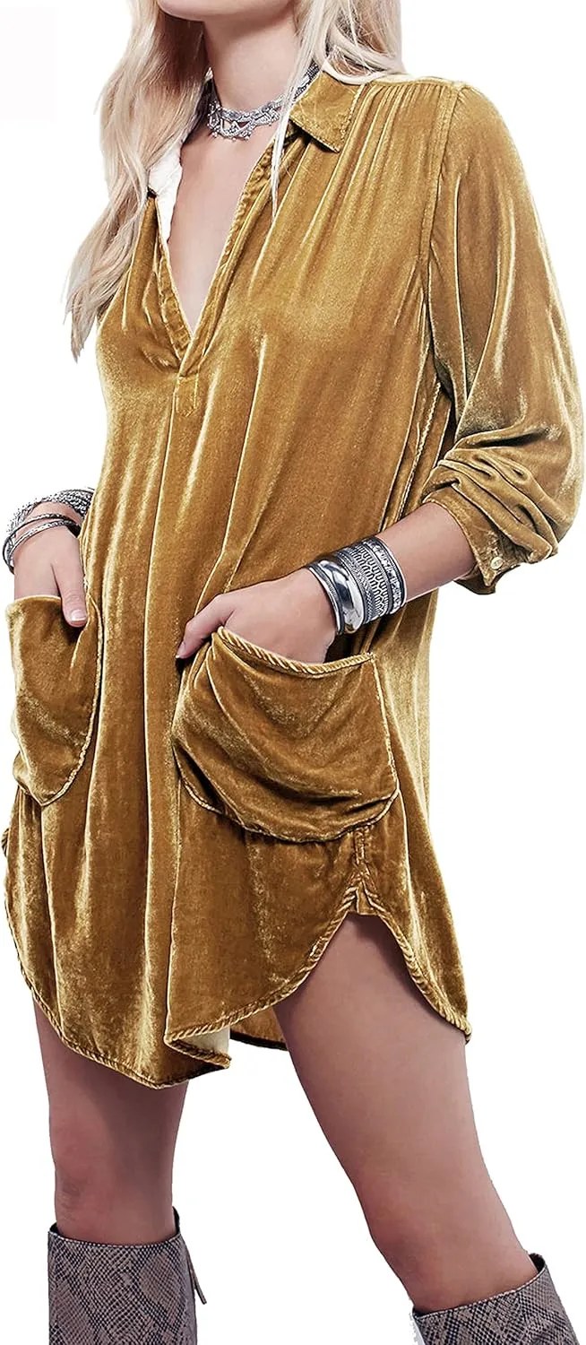 R.Vivimos Womens Velvet Long Sleeve Pocket Casual Mini Shirt Dress
