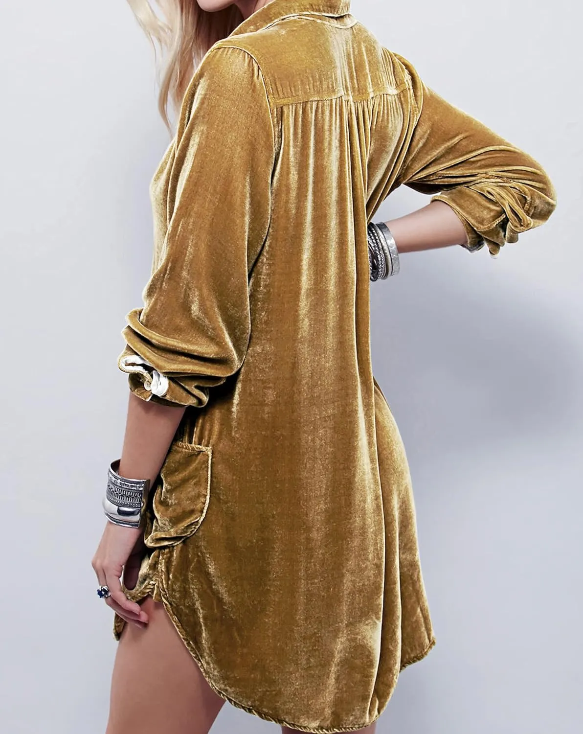 R.Vivimos Womens Velvet Long Sleeve Pocket Casual Mini Shirt Dress