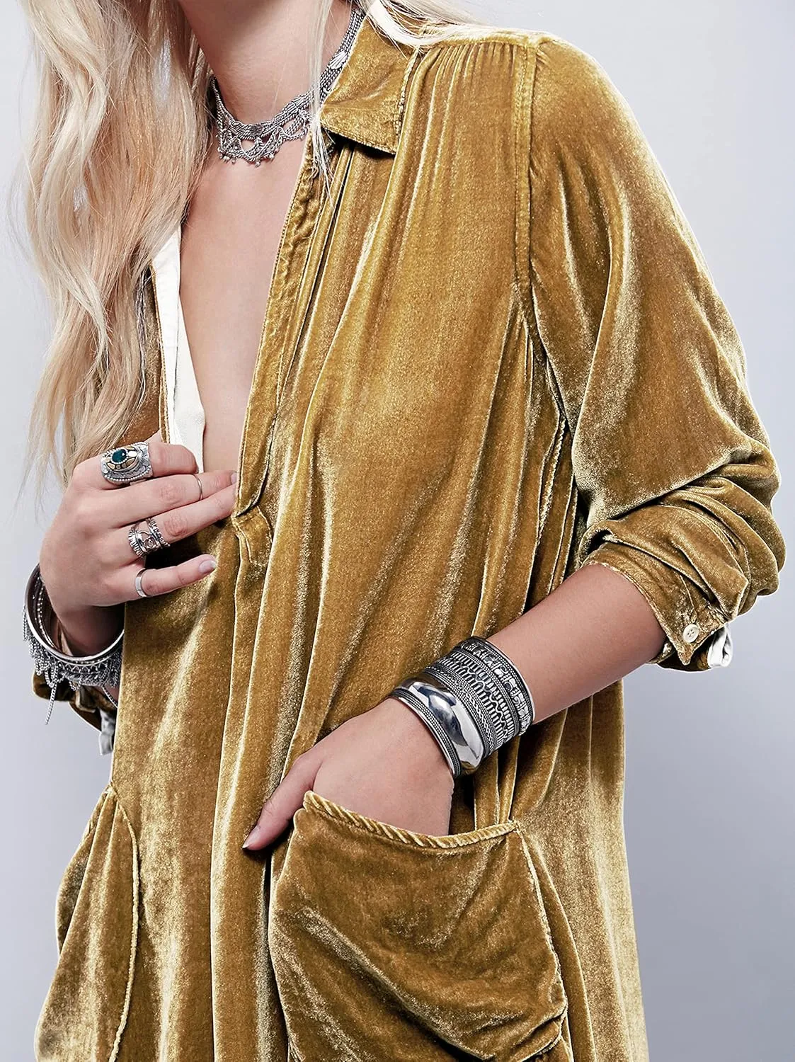 R.Vivimos Womens Velvet Long Sleeve Pocket Casual Mini Shirt Dress