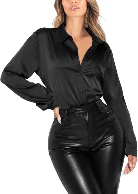 Satin Silk Button Up Blouses for Women Dressy Casual - Button Down Shirts Long Sleeve Office Tops with Pocket