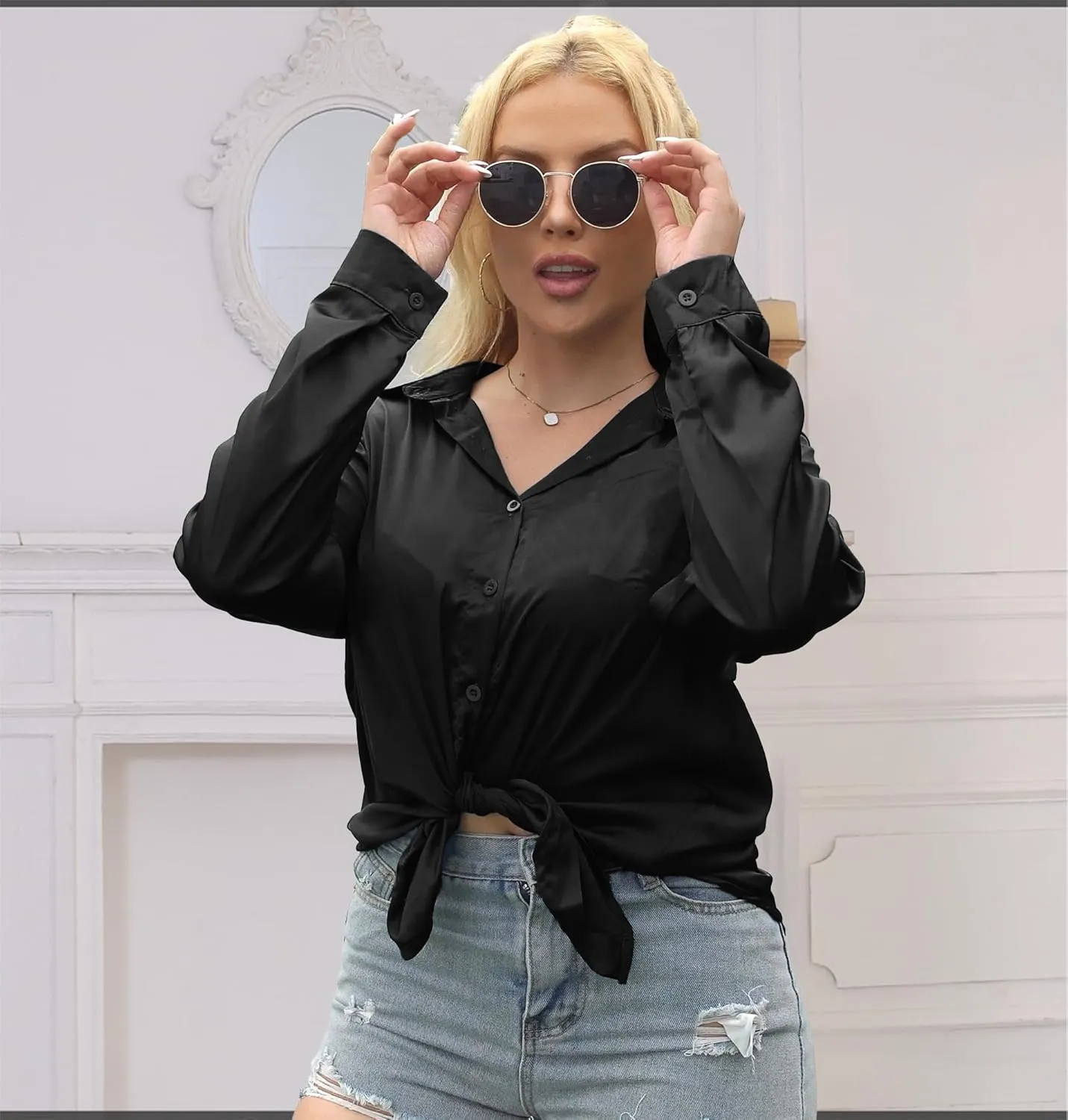 Satin Silk Button Up Blouses for Women Dressy Casual - Button Down Shirts Long Sleeve Office Tops with Pocket