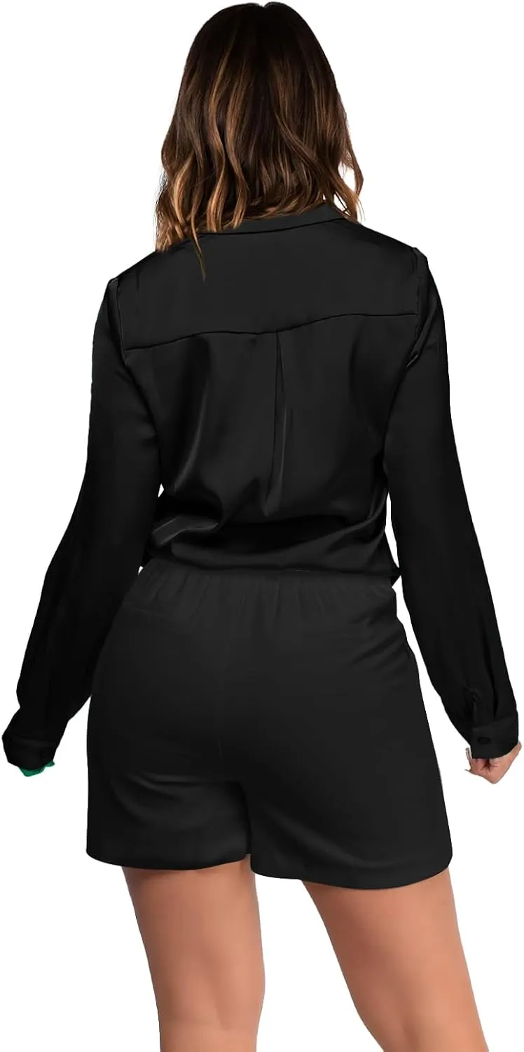 Satin Silk Button Up Blouses for Women Dressy Casual - Button Down Shirts Long Sleeve Office Tops with Pocket