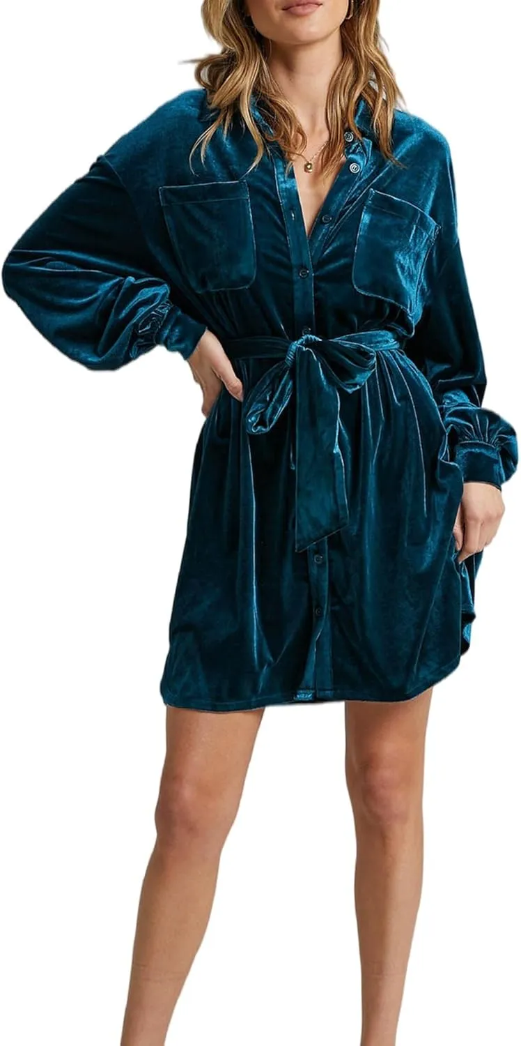 SEMATOMALA Women's Collared Button Down Velvet Shirt Dress Puff Long Sleeve Casual Loose Tunic Top Pleated Party Mini Dresses