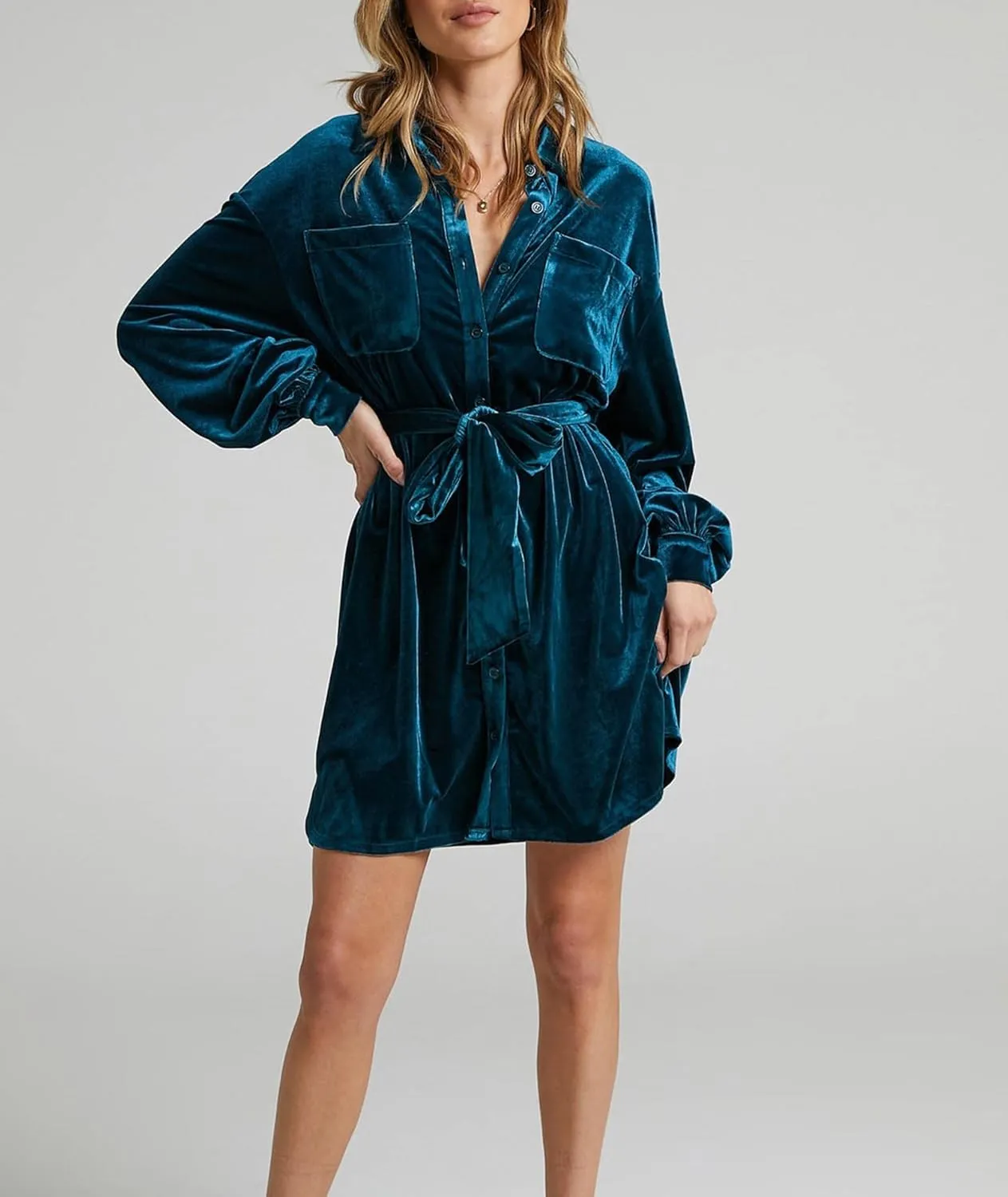 SEMATOMALA Women's Collared Button Down Velvet Shirt Dress Puff Long Sleeve Casual Loose Tunic Top Pleated Party Mini Dresses