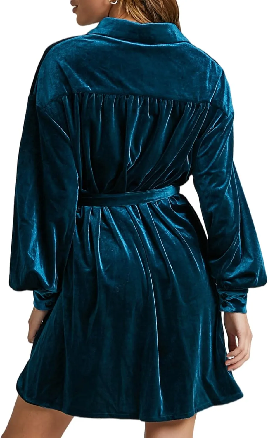 SEMATOMALA Women's Collared Button Down Velvet Shirt Dress Puff Long Sleeve Casual Loose Tunic Top Pleated Party Mini Dresses