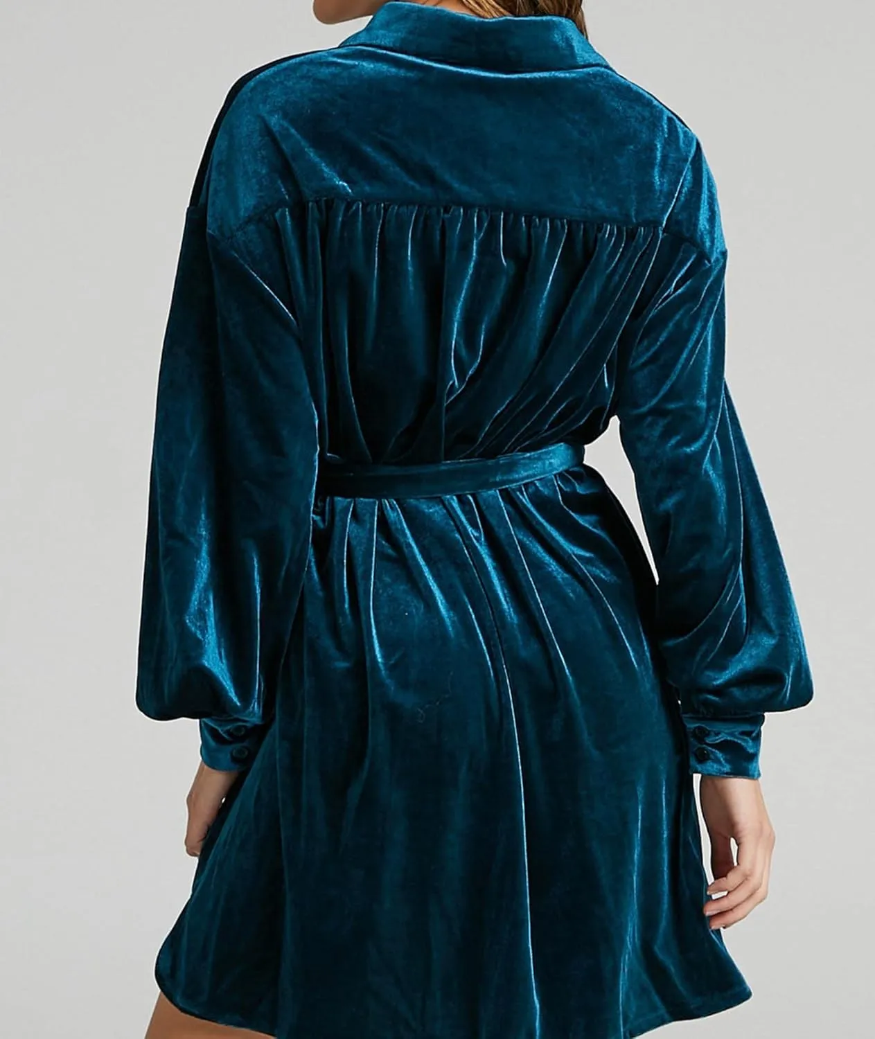 SEMATOMALA Women's Collared Button Down Velvet Shirt Dress Puff Long Sleeve Casual Loose Tunic Top Pleated Party Mini Dresses