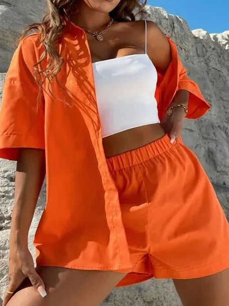 Sets Solid Dropped Shoulder Shirt & Shorts Two-Piece Set for Women