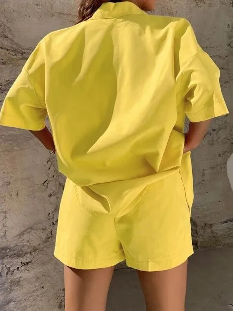 Sets Solid Dropped Shoulder Shirt & Shorts Two-Piece Set for Women
