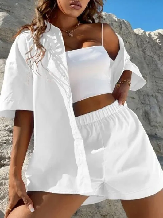 Sets Solid Dropped Shoulder Shirt & Shorts Two-Piece Set for Women