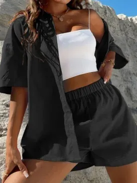 Sets Solid Dropped Shoulder Shirt & Shorts Two-Piece Set for Women