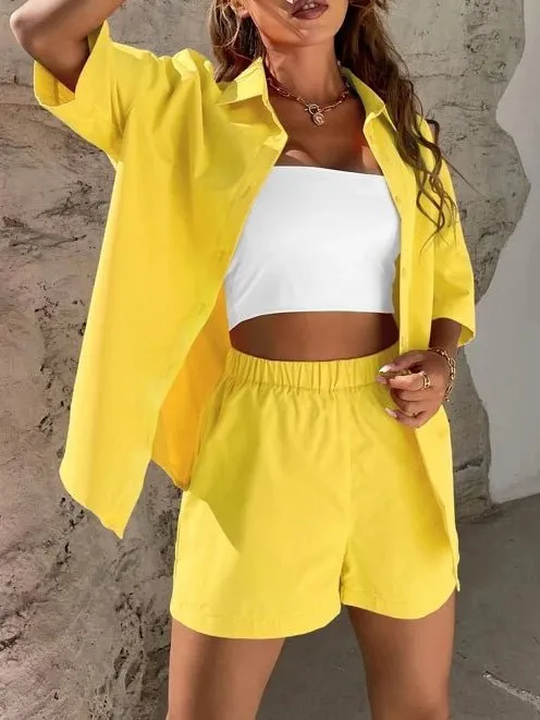 Sets Solid Dropped Shoulder Shirt & Shorts Two-Piece Set for Women