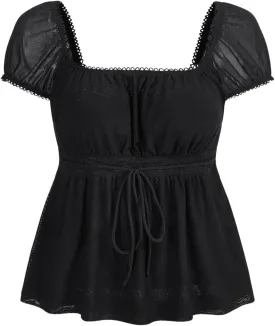 SOLY HUX Women's Square Neck Short Sleeve Peplum Tops Tie Front Summer Tee Shirt Streetwear