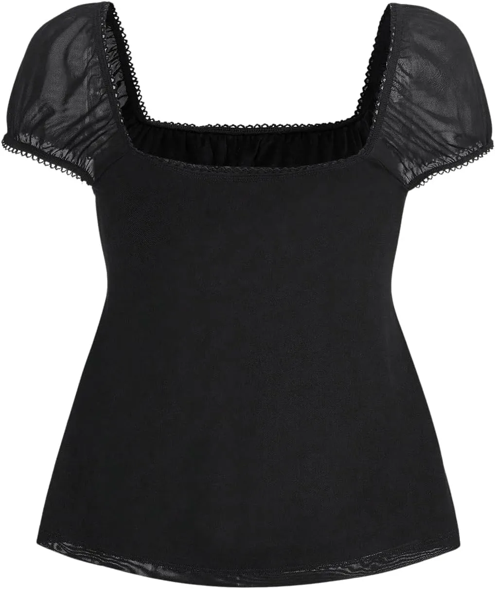 SOLY HUX Women's Square Neck Short Sleeve Peplum Tops Tie Front Summer Tee Shirt Streetwear