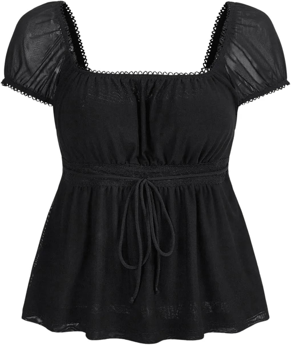 SOLY HUX Women's Square Neck Short Sleeve Peplum Tops Tie Front Summer Tee Shirt Streetwear