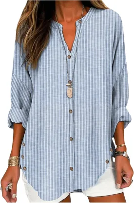 SOLY HUX Women's Striped Shirt Long Sleeve Notched V Neck Button Down Casual Blouse Tops