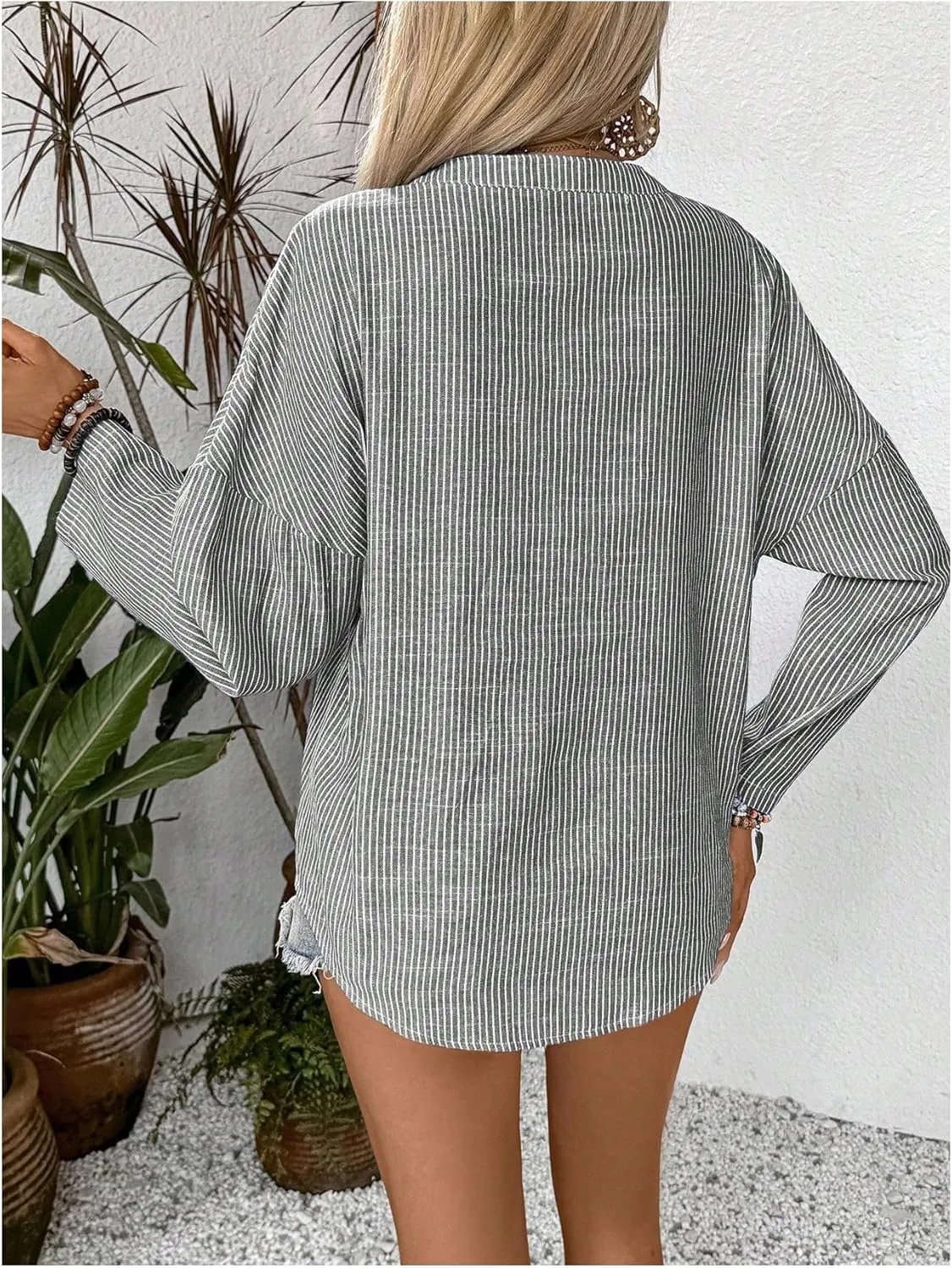 SOLY HUX Women's Striped Shirt Long Sleeve Notched V Neck Button Down Casual Blouse Tops