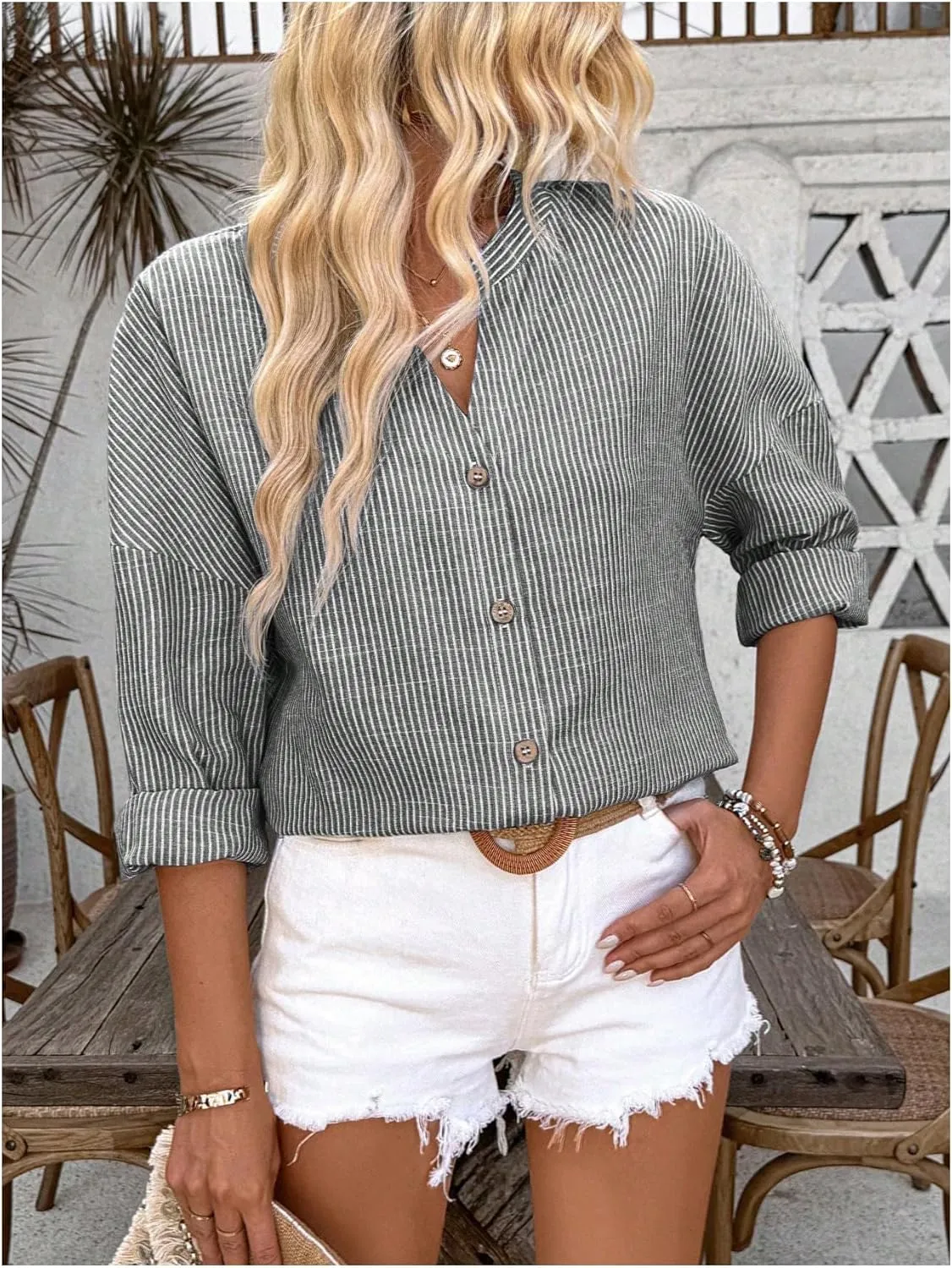 SOLY HUX Women's Striped Shirt Long Sleeve Notched V Neck Button Down Casual Blouse Tops