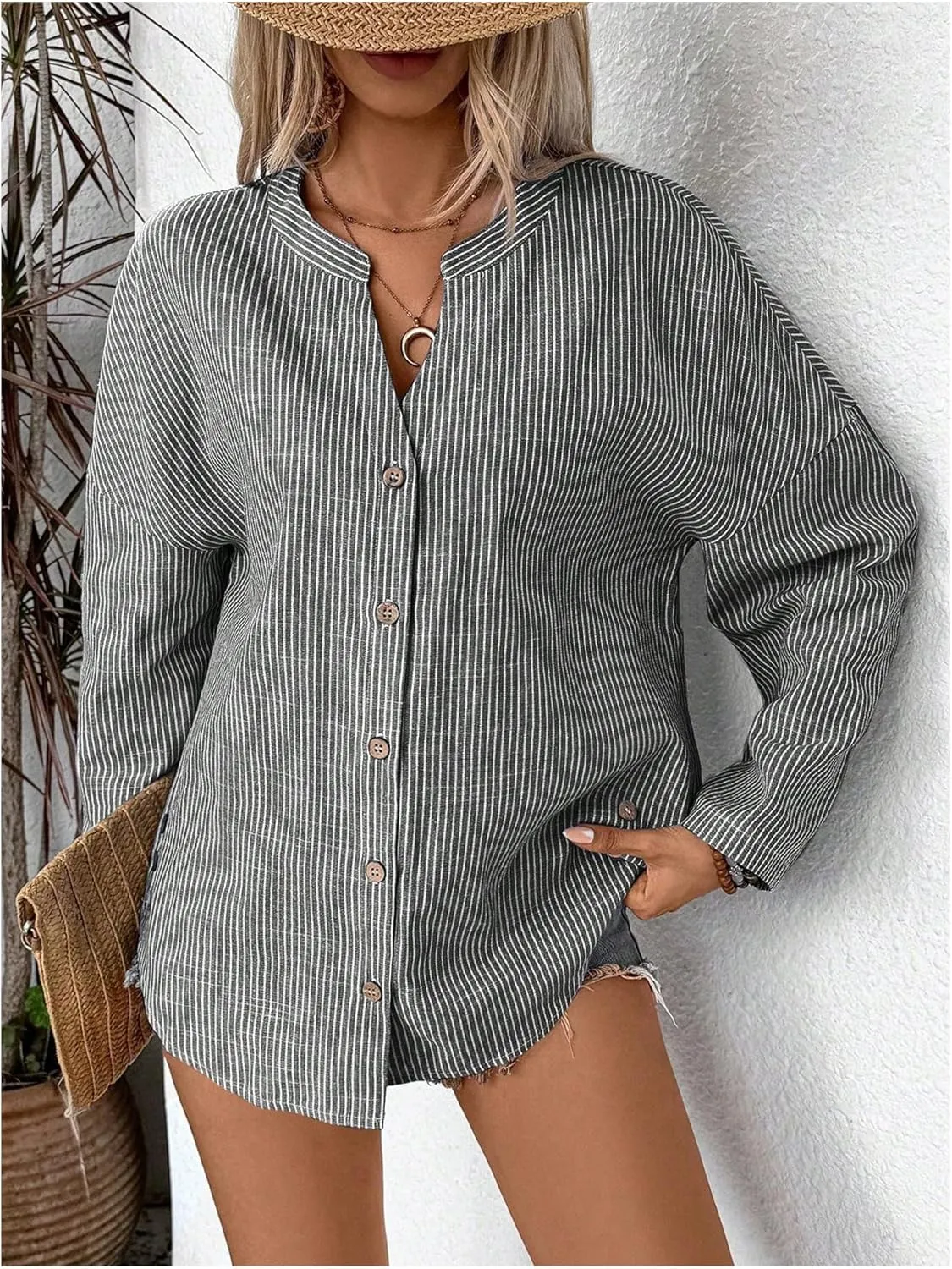 SOLY HUX Women's Striped Shirt Long Sleeve Notched V Neck Button Down Casual Blouse Tops