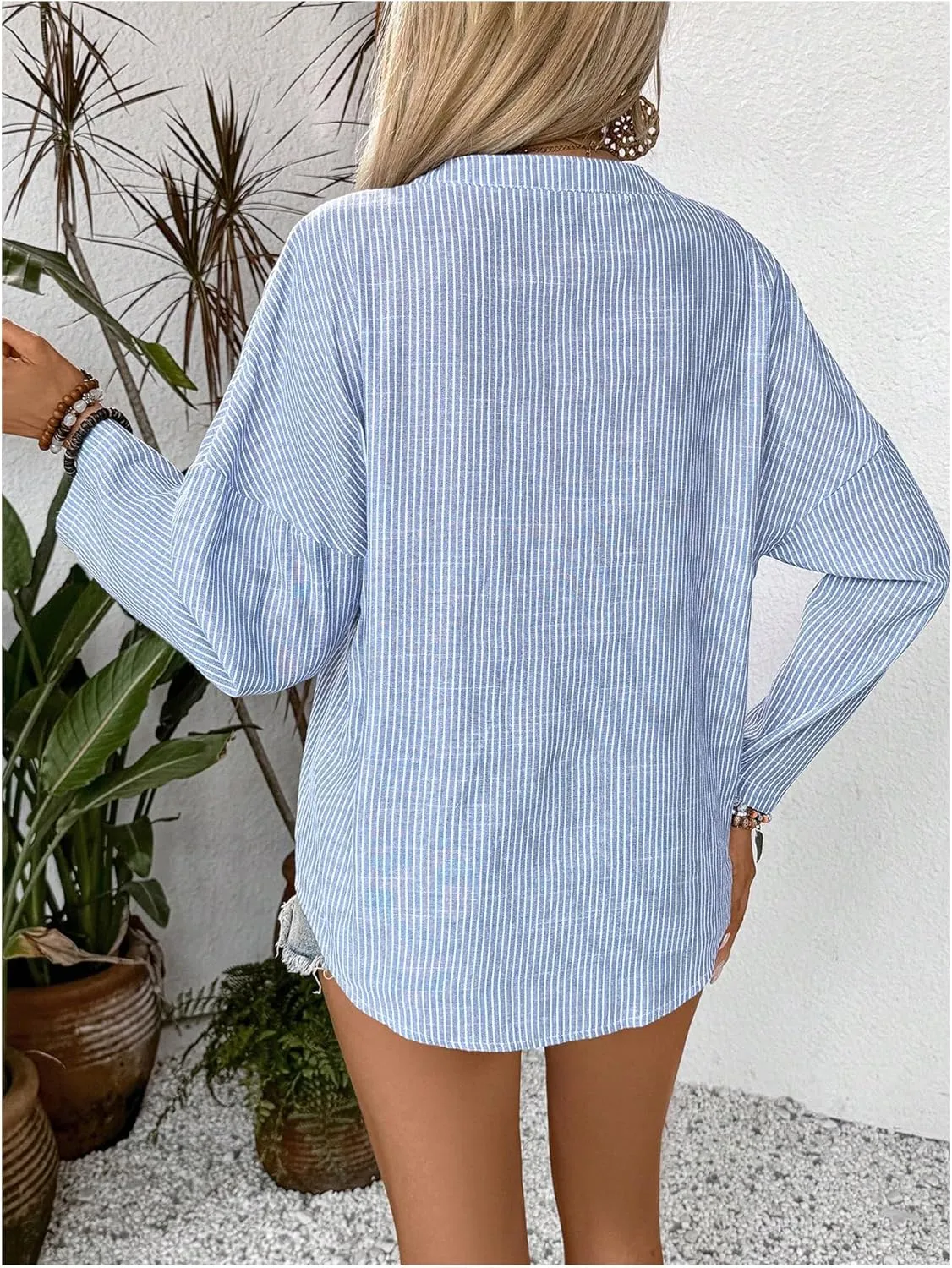 SOLY HUX Women's Striped Shirt Long Sleeve Notched V Neck Button Down Casual Blouse Tops