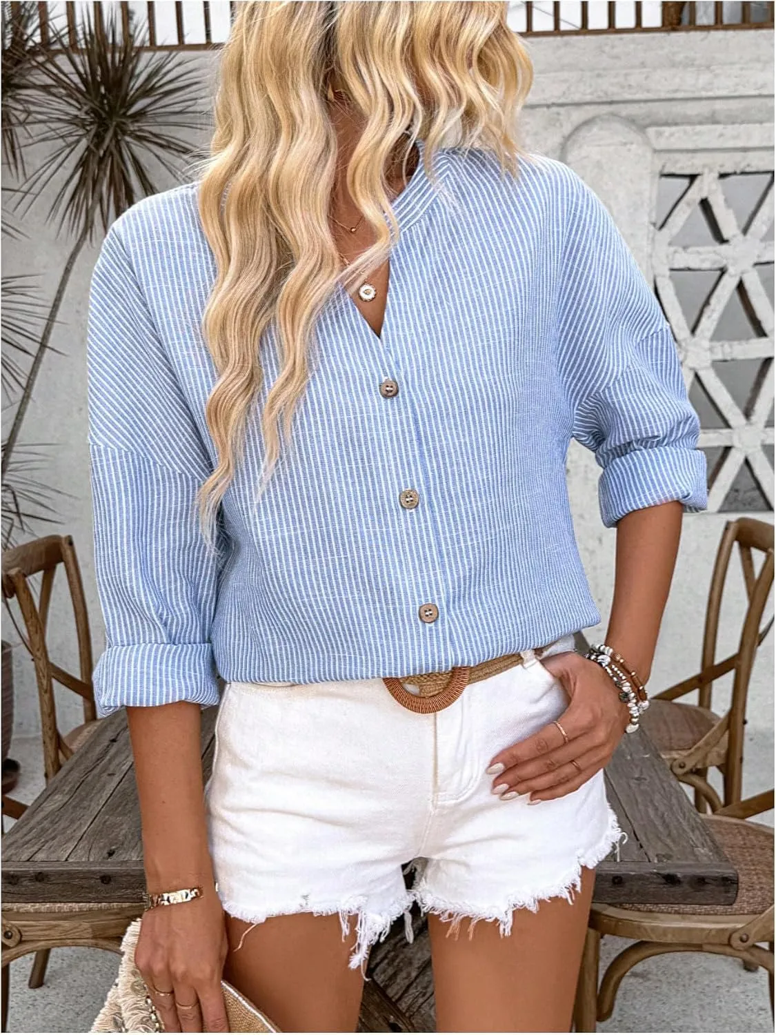 SOLY HUX Women's Striped Shirt Long Sleeve Notched V Neck Button Down Casual Blouse Tops