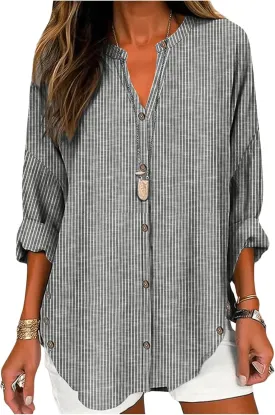 SOLY HUX Women's Striped Shirt Long Sleeve Notched V Neck Button Down Casual Blouse Tops