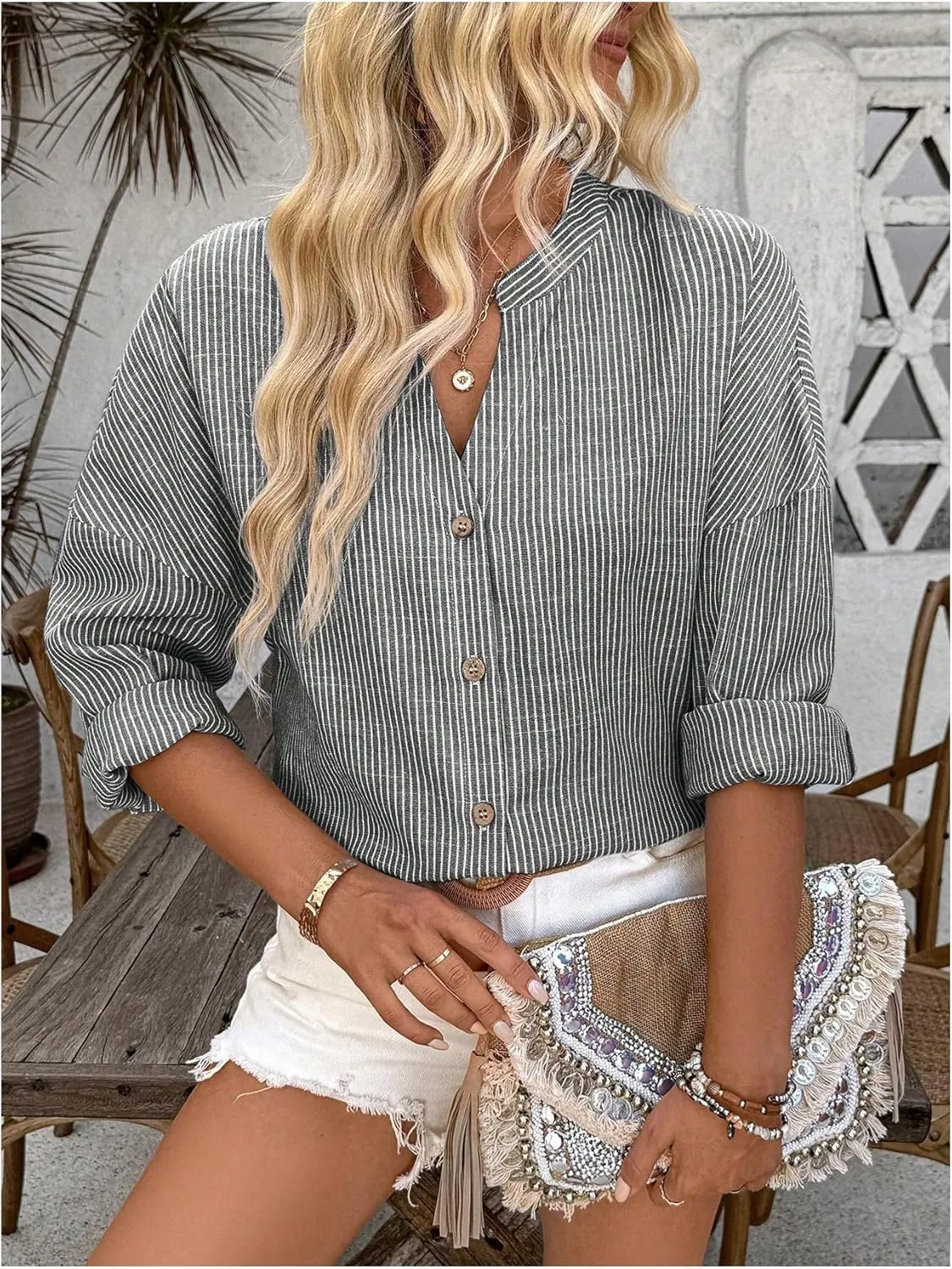SOLY HUX Women's Striped Shirt Long Sleeve Notched V Neck Button Down Casual Blouse Tops