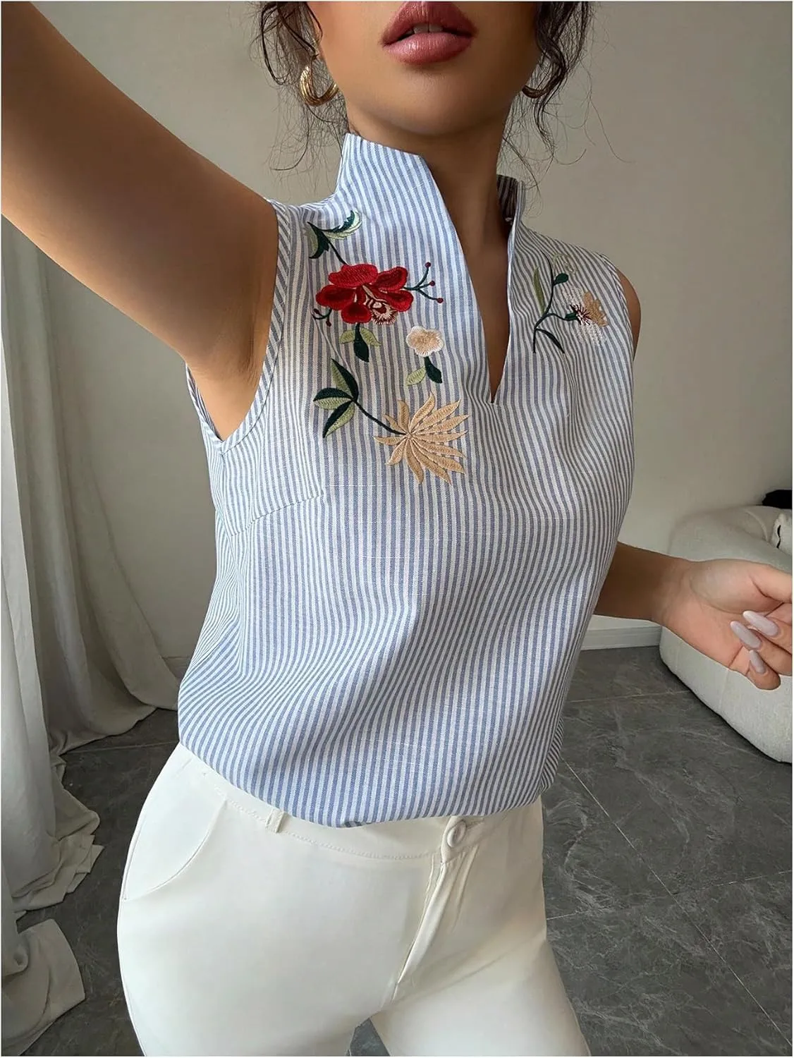 SOLY HUX Women's Work Outfits V Neck Sleeveless Blouses Summer Casual Tank Tops Business Office Dressy Striped Shirts
