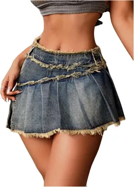 SOLY HUX Women's Y2k Mini Denim Skirt Pleated Asymmetrical Raw Hem Pocket A Line Jean Skirts