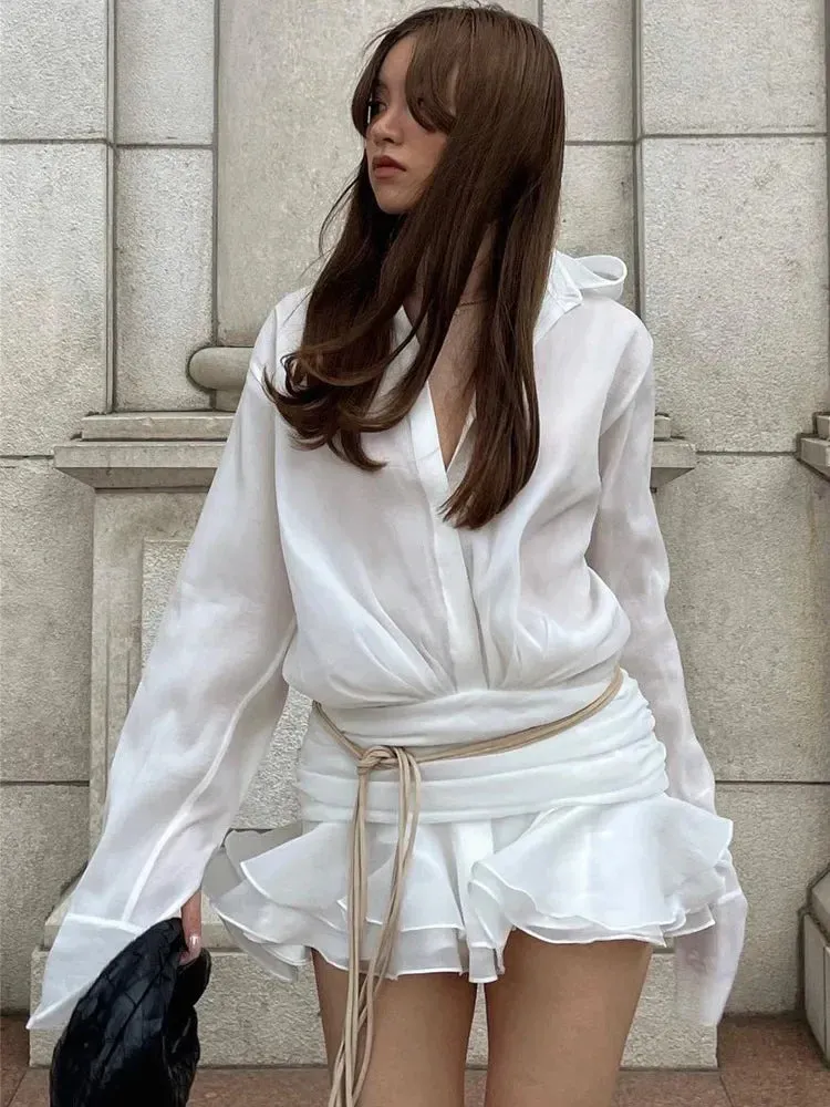 Toleet-New White Chiffon Dress For Women Casual Ruffled Pleated Mini Dress See-through Loose Oversized Shirt Dress Cover-Up 2024