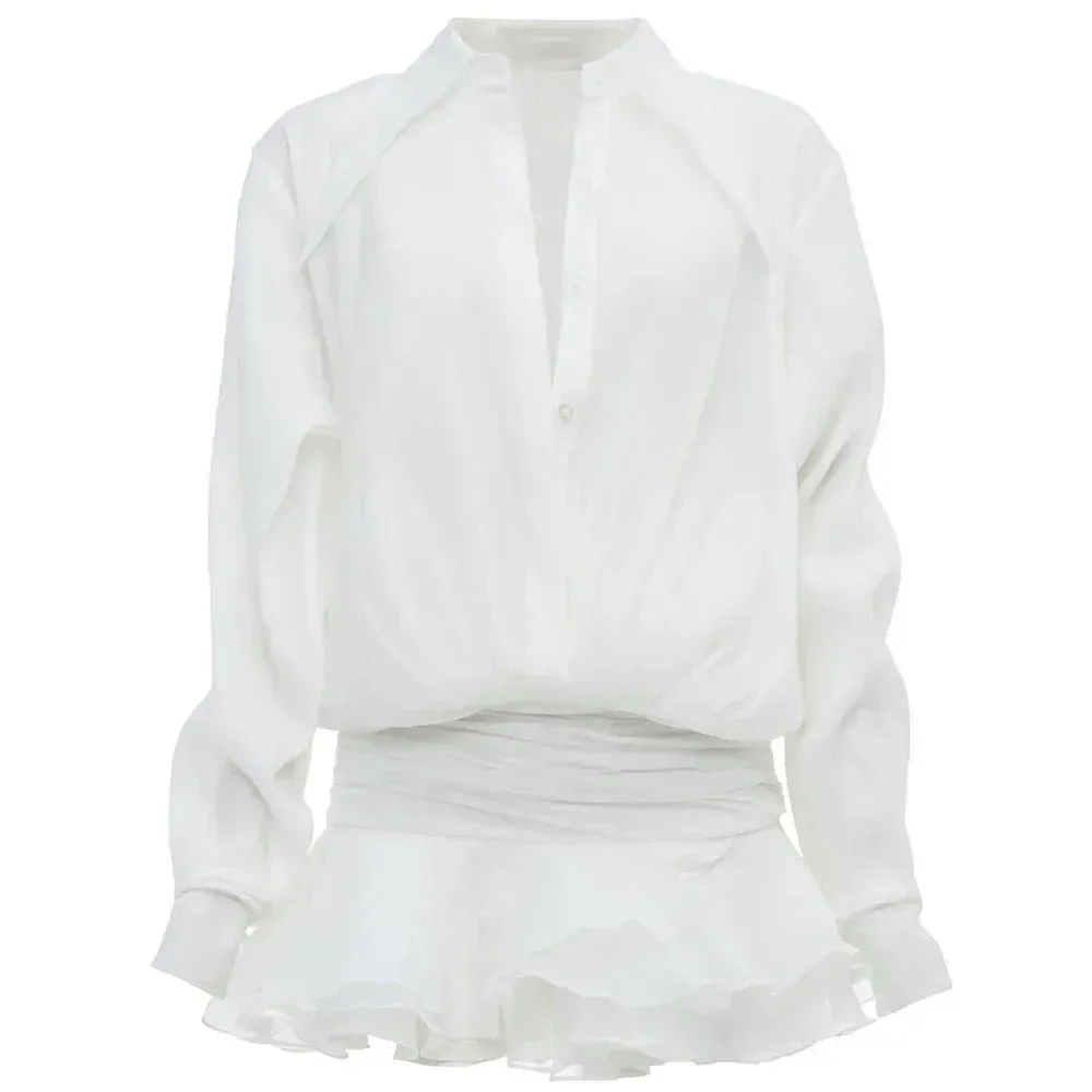 Toleet-New White Chiffon Dress For Women Casual Ruffled Pleated Mini Dress See-through Loose Oversized Shirt Dress Cover-Up 2024